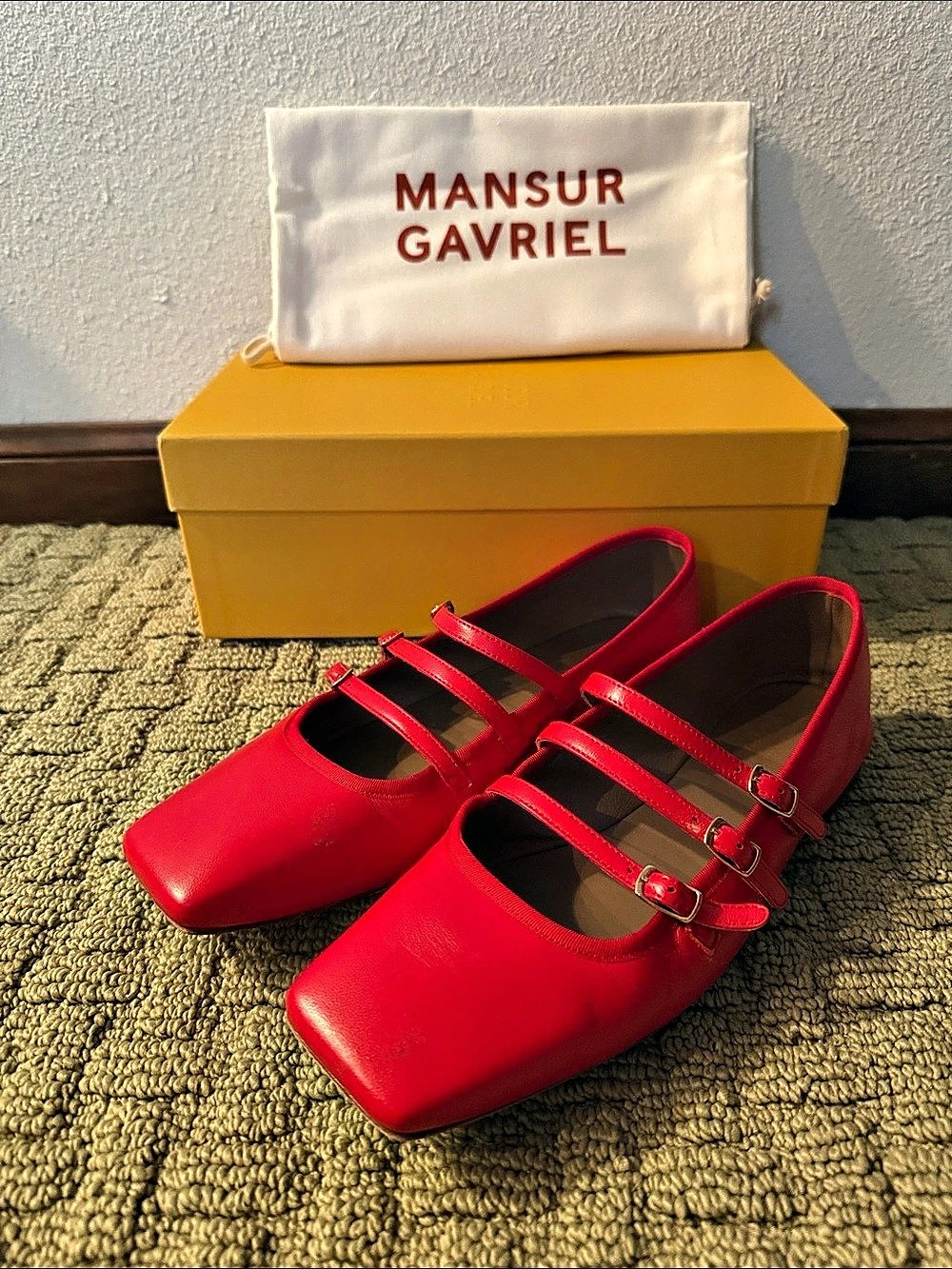 Mansur Gavriel Square Toe Mary Jane Flat Red Strappy Flats